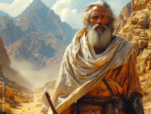 Painting of a Bearded Man With Long White Beard Depicting Prophet Moses in the Desert. Generative AI. photo