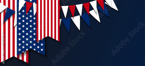 United States american patriotic papercut banner, background, web, card, poster, cover, label, flyer, layout. Flag USA  garland  lights. Media print for presentation, information, election meeting  photo