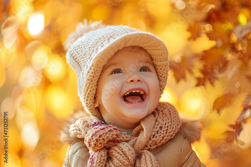 Happy little child  baby girl laughing and playing in the autumn on the nature walk outdoors