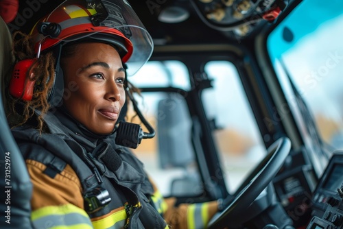 A brave firefighter sits in the cockpit of their vehicle, ready to tackle any outdoor blaze, their determined face hidden behind protective clothing as they don headphones like a pilot about to take 