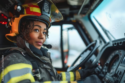 A brave firefighter sits poised in their cockpit, donning their protective uniform and helmet, ready to rescue and fight for those in need during an outdoor emergency