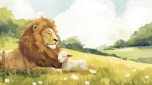 christian motive, watercolor painting of a lion and lamb lying peacefully next to each other, childrens book, with space for text