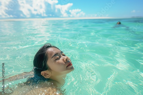 Young beautiful Asian woman swimming Along the pristine white sand beach green sea water High quality photos
