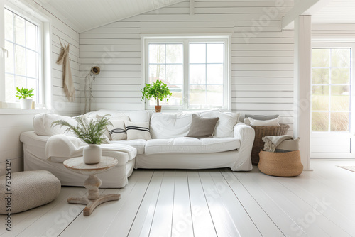 Interior design of modern apartment with bright sofa, table home plants and decoration. Interior mockup. Scandinavian interior design. Generative AI