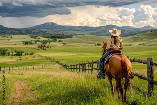 model riding on a horse with a green meadow and a fence in the background © Formoney