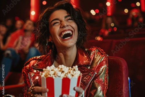 girl laughing in the cinema with popcorn