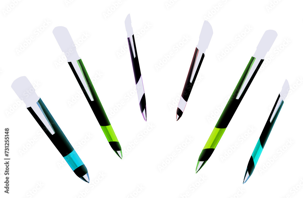 Pens with blue, green ink in the writing position on isolated transparent background Pens with blue, green ink in the writing position on isolated transparent background