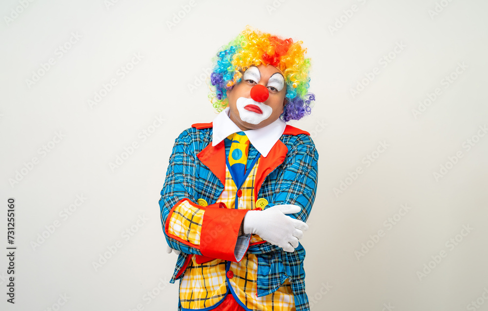 Mr Clown. Portrait of sadness face Clown man in colorful uniform standing crying feeling sad emotional. Expression male bozo in various pose on isolated background.