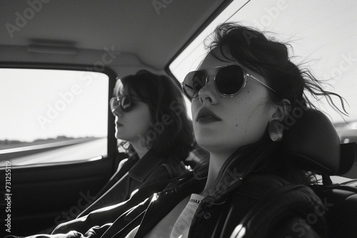 Document the journey of friendship and discovery with a fashion shoot of two girlfriends on a highway road trip, the black and white low-angle photo encapsulating the thrill of the open road