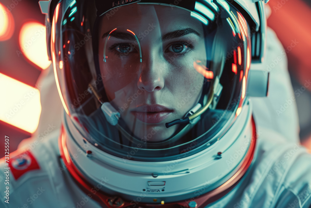 astronaut exploring space in a spaceship with a helmet and a adventurous look on their face