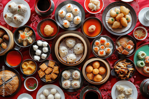 top-down shot of a table full of dim sum dishes, including har gow, siu mai, char siu bao, and egg tarts photo