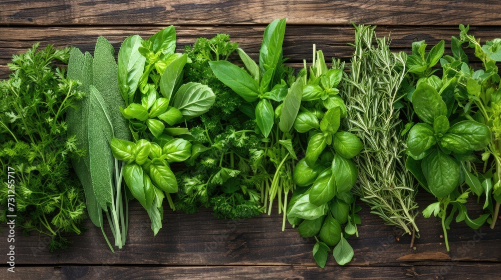 Herbs, wooden table full of fresh herbs ready for use Herbs, wooden table full of fresh herbs ready for use