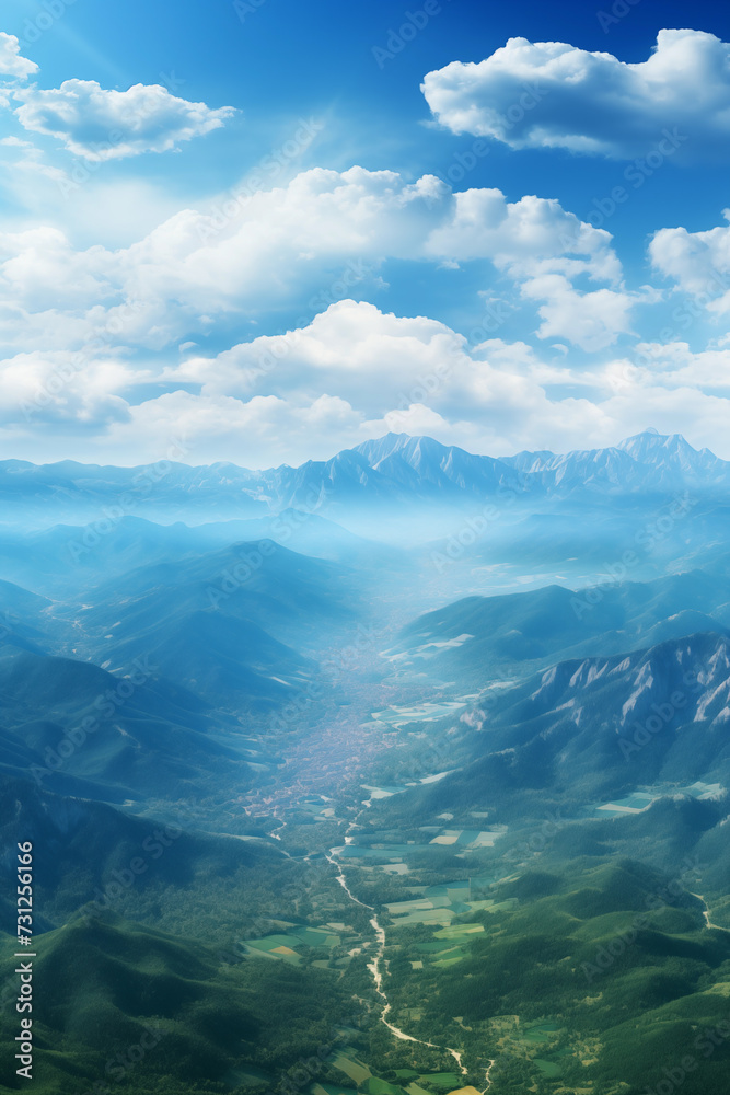 Mountain with a river flowing through it, breathtaking view of natures beauty. Panoramic view of a serene valley, lush greenery, winding river and majestic peaks under a clear sky. Mountain with a river flowing through it, breathtaking view of natures beauty. Panoramic view of a serene valley, lush greenery, winding river and majestic peaks under a clear sky.
