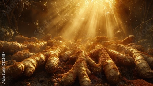 Pile of turmeric in a hole in the ground is decorated with sunlight from the gap in the hole.
