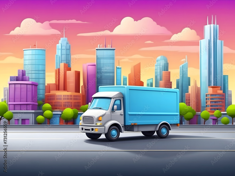 Delivery logistics or movers service truck van driving on city highway to deliver cargo order as wide mockup banner design in cartoon children education school illustration 3d style design.