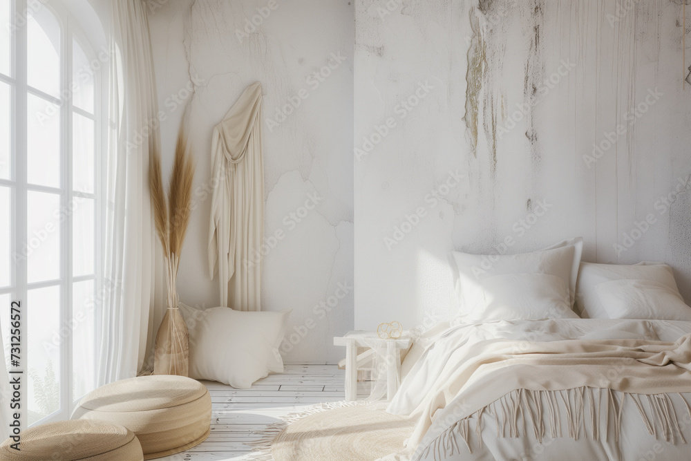 White bedroom interior concept with fabric bed and home decor. Scandinavian interior design. Generative AI White bedroom interior concept with fabric bed and home decor. Scandinavian interior design. Generative AI