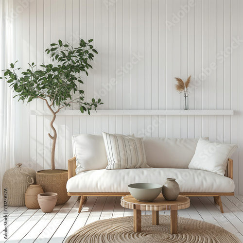 Interior design of modern apartment with bright sofa, table, home plants and decoration. Interior mockup. Scandinavian interior design. Generative AI