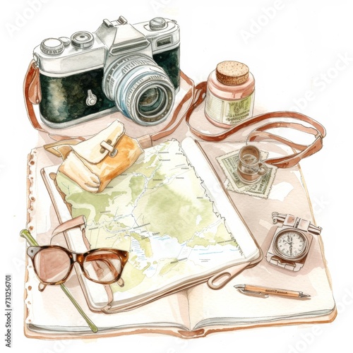 watercolor luxury travel design, illustration, watercolor effect,isolated on white background