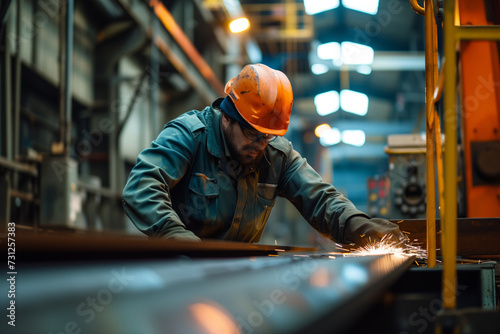 Workers operates at the metallurgical plant. Welder in a protective suit against the background of a metallurgical plant. Furnace factory metallurgy welder iron industrial people steel foundry metal