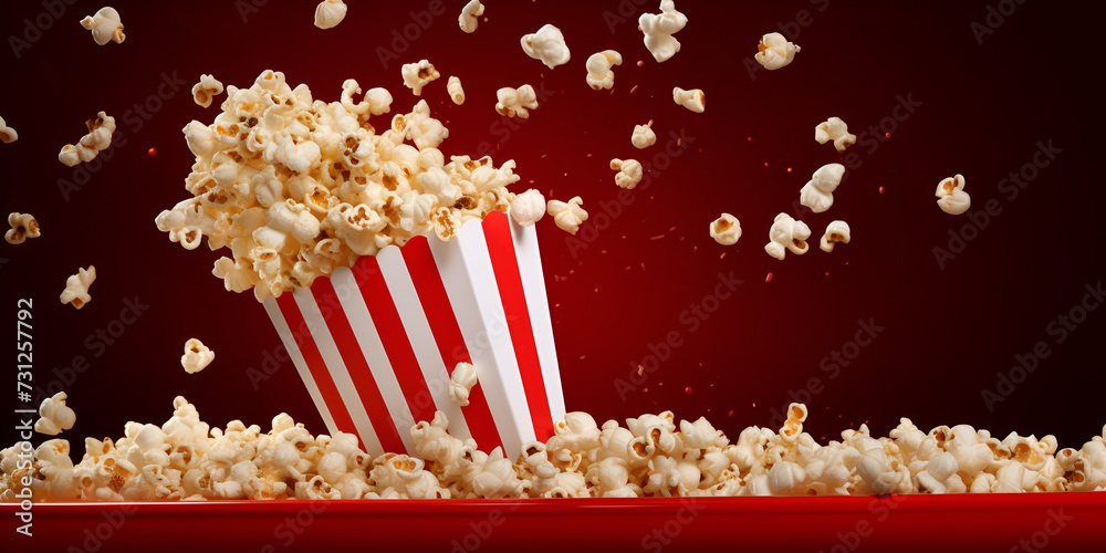 
Popcorn exploding out of the box, Popcorn popping in red and white cardboard box, Popcorn flying from paper striped bucket 