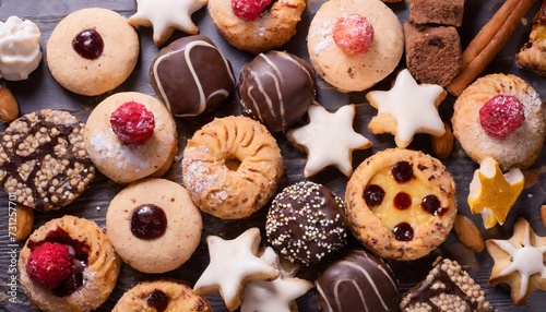 beautiful cookies assorted close up background horizontal top view