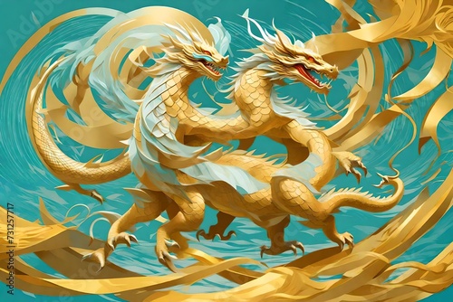 :Chinese new year 2024 dragon year poster, in the style of  light aquamarine and light amber,  pro 400h, silver and gold,  21st century, electric color scheme photo