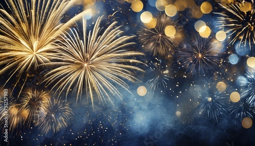 gold and dark blue fireworks and bokeh in new year eve and copy space abstract background holiday