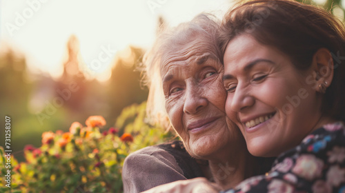 Mulher abraçando sua avó ao ar livre