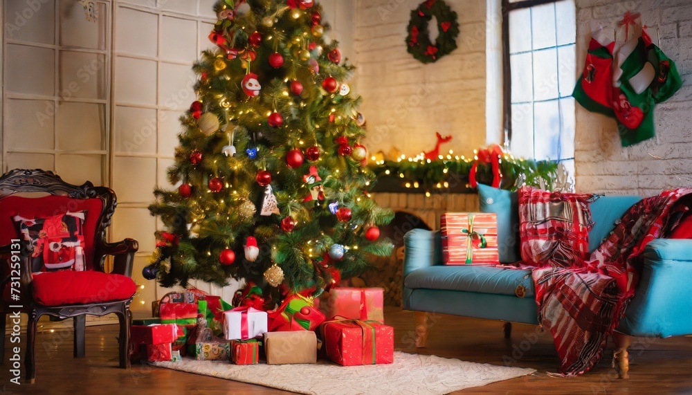 christmas tree in living room with gifts and decorations