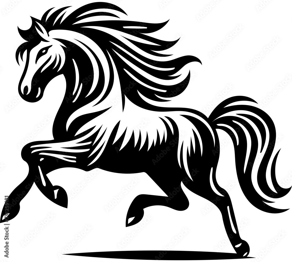 Black and white logo illustration of a stallion isolated on white background, horse vector drawing 