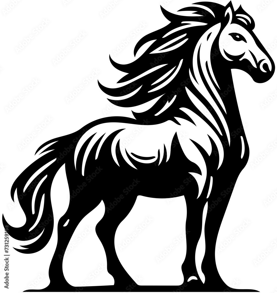 Obraz premium Black and white logo illustration of a stallion isolated on white background, horse vector drawing 