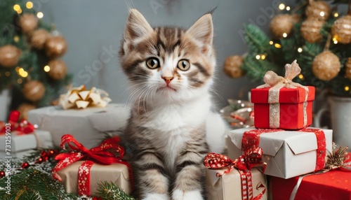 adorable kitty with christmas gift boxes cute cat in christmas arrangement