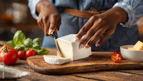 closeup on woman cutting fresh cheese