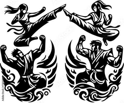 Two martial artists fighting each other, vector illustration of kung fu fighters