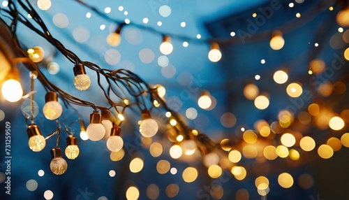 holiday illumination and decoration concept bokeh of christmas garland lights over dark blue background