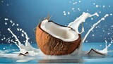 cracked coconut with splashes of milk on blue background