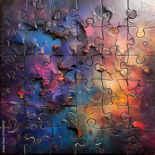 Puzzle piece galaxy, cosmic puzzle elements, representing neurodiversity, vibrant and cosmic hues.