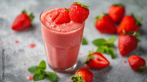 a glass of fresh strawberry smoothie with strawberry fruits on concrete floor