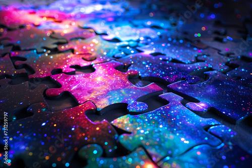 Puzzle piece galaxy, cosmic puzzle elements, representing neurodiversity, vibrant and cosmic hues.
