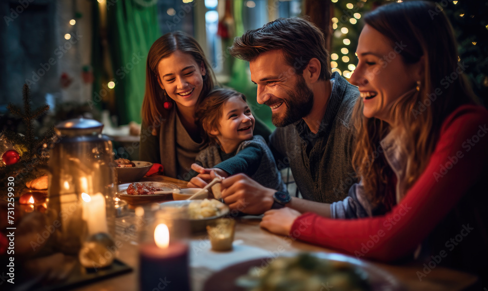 Happy family is enjoying Christmas dinner at home.