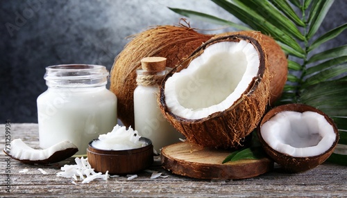 coconut with jars of coconut oil and cosmetic cream