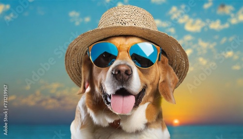 happy dog in sunglasses and hat on background illustration ai