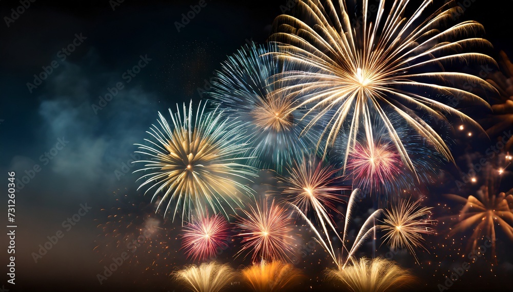 colorful fireworks with wide dark copy space