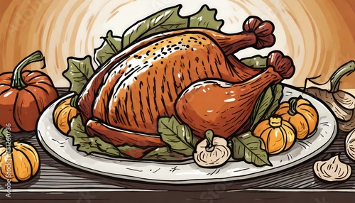 hand drawn cartoon thanksgiving food roast turkey illustration