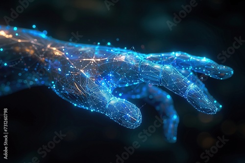 A Glimpse into Tomorrow: Futuristic Holographic Hand with Glowing Polygonal Construction in Mechanical Transparency © Martin