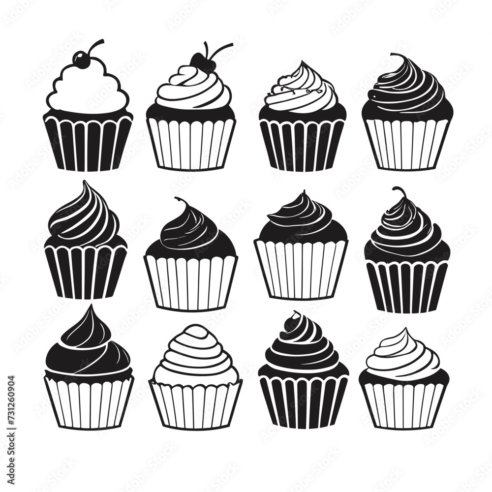 Collection of cupcake vector illustrations black and white silhouette design Collection of cupcake vector illustrations black and white silhouette design