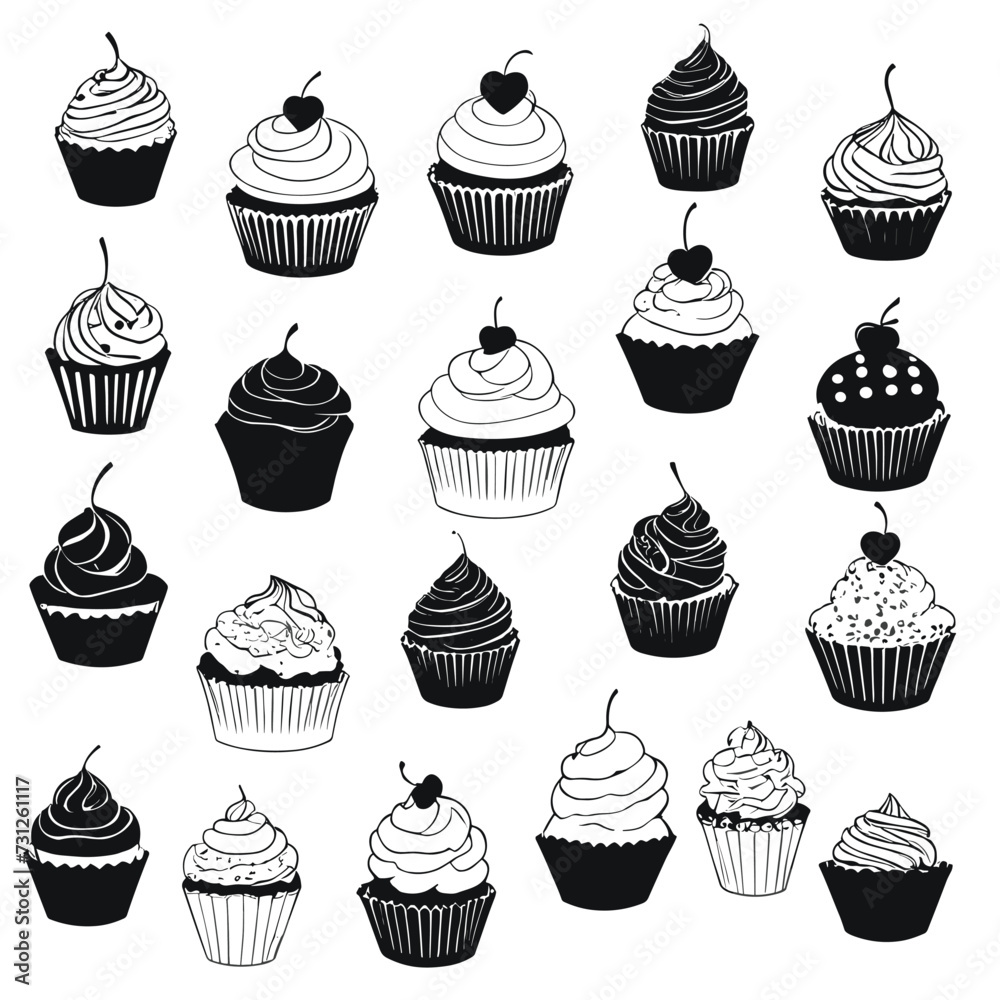 Collection of cupcake vector illustrations black and white silhouette design Collection of cupcake vector illustrations black and white silhouette design