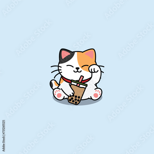 Maneki neko kawaii lucky cat with bubble tea cartoon, vector illustration