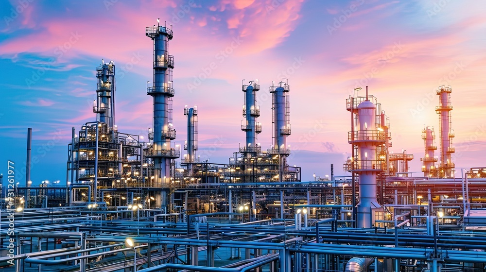 Petrochemical oil and gas refinery plant. A mesmerizing aerial view of the refinery's symphony of activity. Petrochemical oil and gas refinery plant. A mesmerizing aerial view of the refinery's symphony of activity.