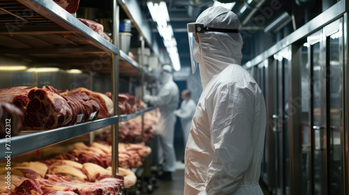 The butcher wearing ppe suit inspects the beef in the curing facility